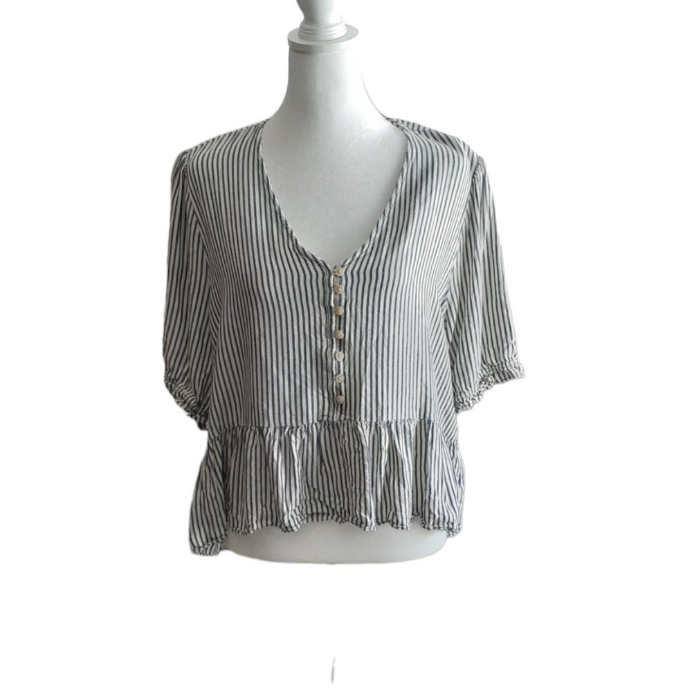 Madewell Black and White Striped Peplum Button-Front Top